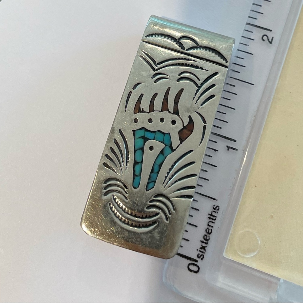 Vintage Native American silver money clip with turquoise and red inlay